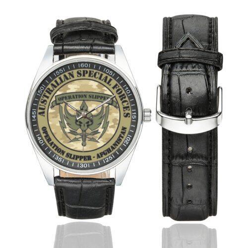 Men's casual watch with a round dial featuring the Australian Special Forces Operation Slipper Afghanistan - emblem, silver-tone case and black leather strap, shown with the strap to the side.