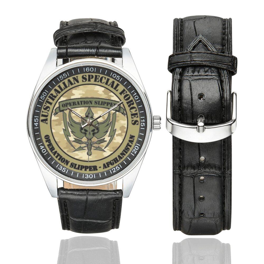Men's casual watch with a round dial featuring the Australian Special Forces Operation Slipper Afghanistan - emblem, silver-tone case and black leather strap, shown with the strap to the side.