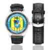 Men's casual watch with a round dial featuring the US Army Security Agency Vietnam Veteran emblem, silver-tone case and black leather strap, shown with the strap to the side.