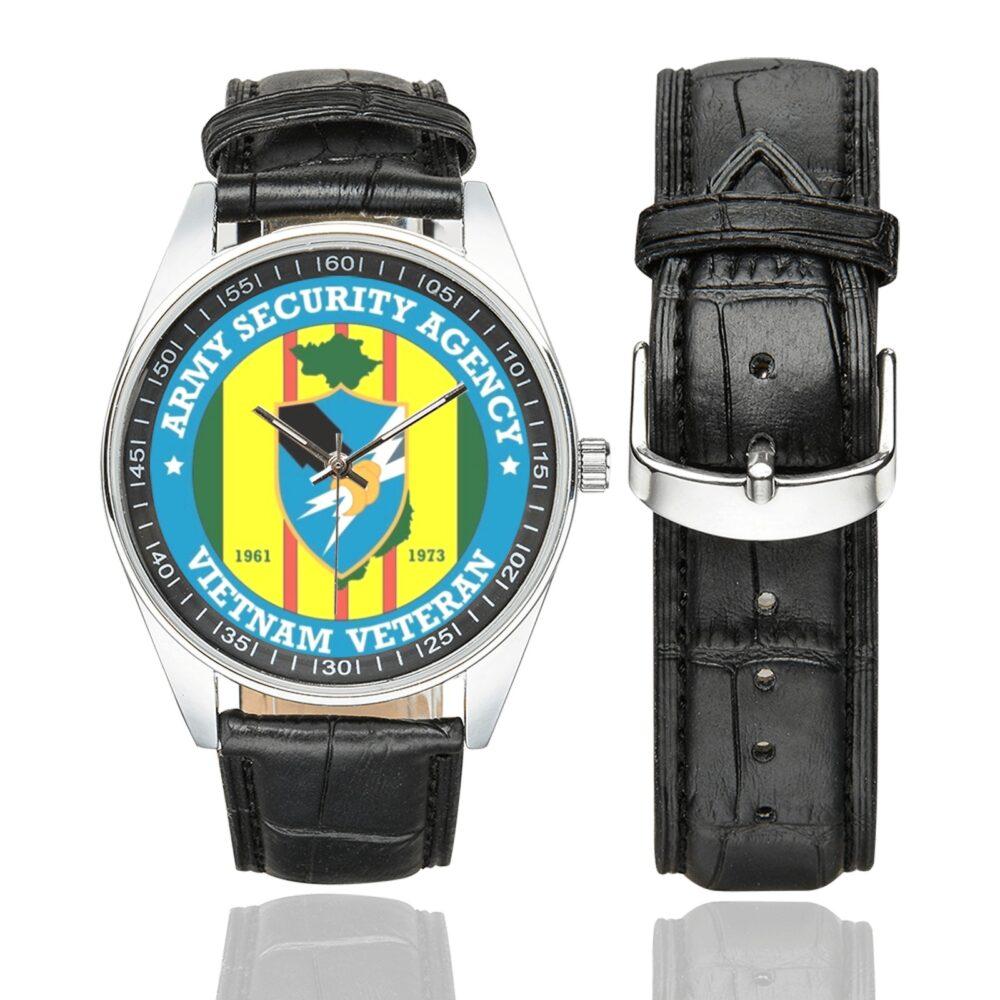 Men's casual watch with a round dial featuring the US Army Security Agency Vietnam Veteran emblem, silver-tone case and black leather strap, shown with the strap to the side.