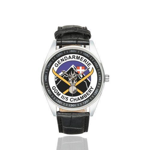 Men's casual watch with a round dial featuring the GGM II-5 Chambery emblem, silver-tone case and black leather strap.