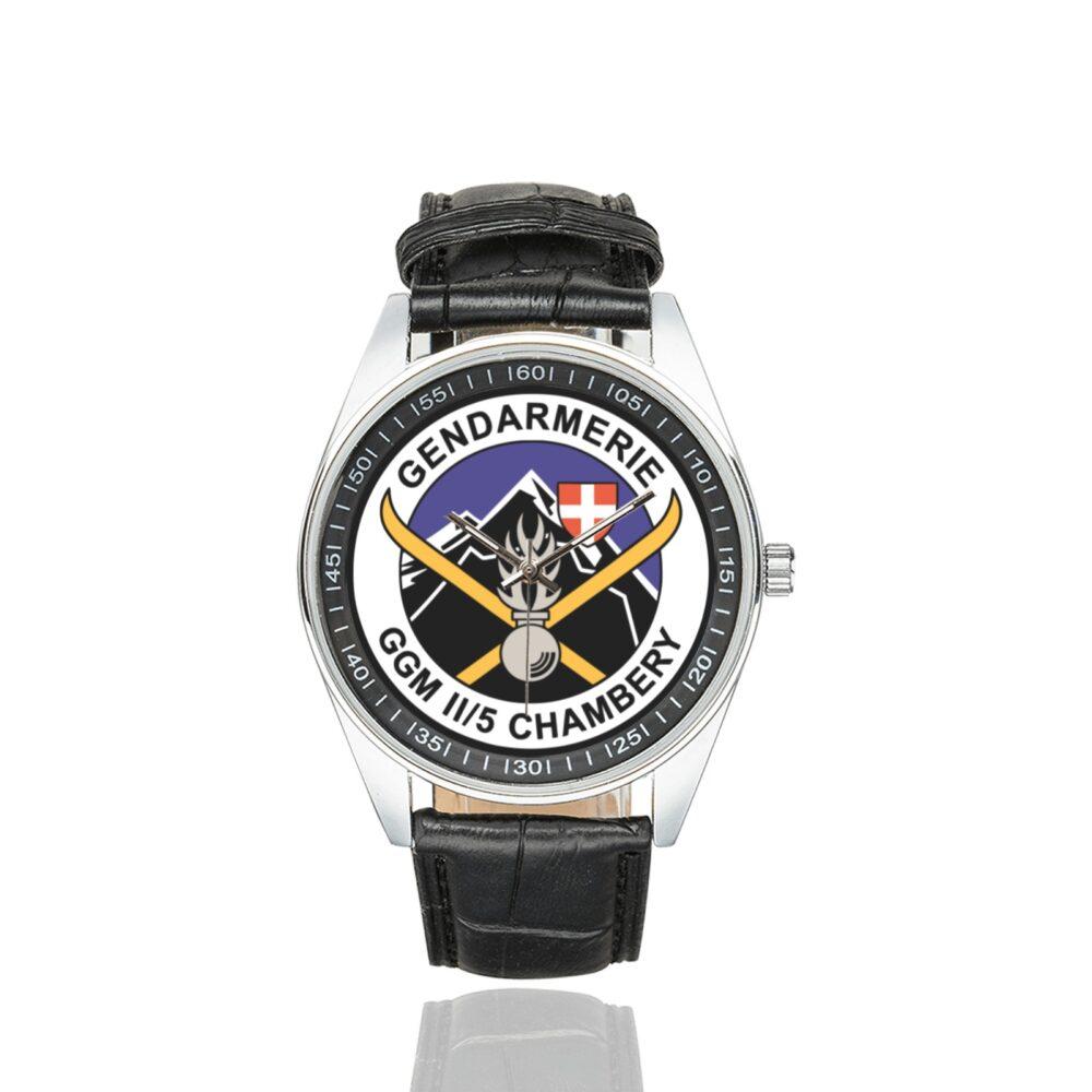 Men's casual watch with a round dial featuring the GGM II-5 Chambery emblem, silver-tone case and black leather strap.