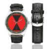 Men's casual watch with a round dial featuring the 7th ID SSI emblem, silver-tone case and black leather strap, shown with the strap to the side.