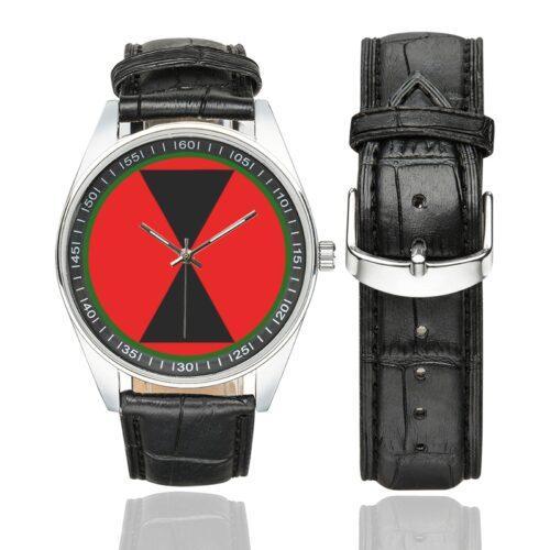 Men's casual watch with a round dial featuring the 7th ID SSI emblem, silver-tone case and black leather strap, shown with the strap to the side.