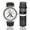 Men's casual watch with a round dial featuring the Vietnam Veteran Army 1st Infantry Division emblem, silver-tone case and black leather strap, shown with the strap to the side.