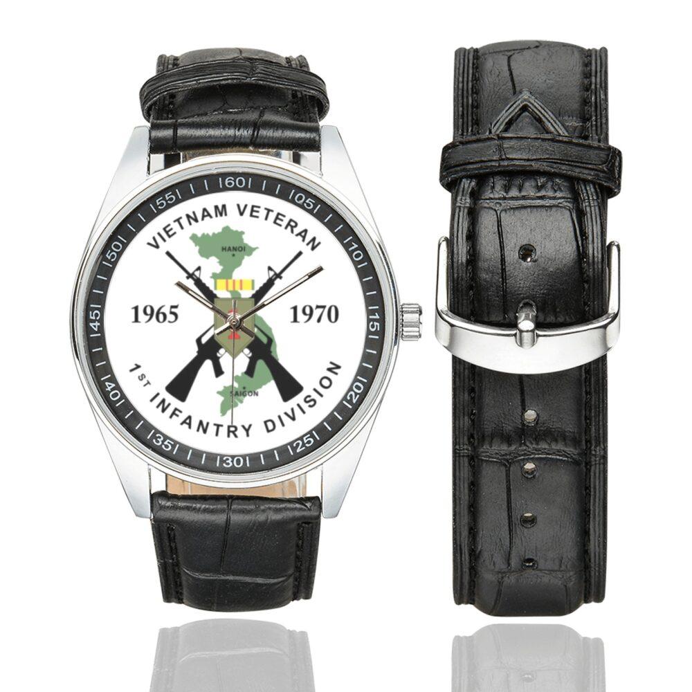 Men's casual watch with a round dial featuring the Vietnam Veteran Army 1st Infantry Division emblem, silver-tone case and black leather strap, shown with the strap to the side.