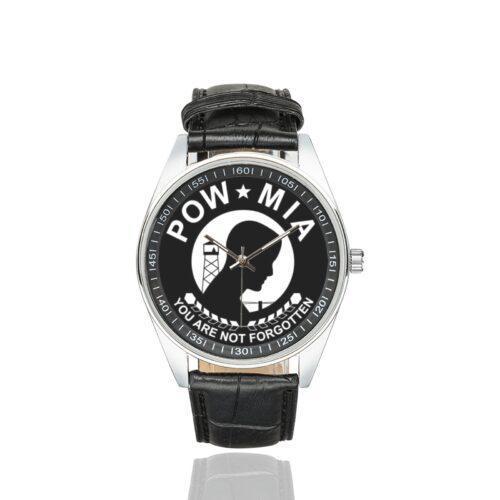 Men's casual watch with a round dial featuring the POW MIA Vietnam Veteran Not Forgotten emblem, silver-tone case and black leather strap.