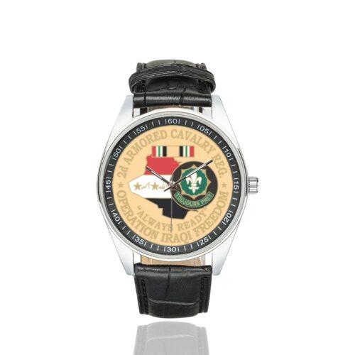 Men's casual watch with a round dial featuring the US Army 2D Armored Cavalry Regiment OIF emblem, silver-tone case and black leather strap.