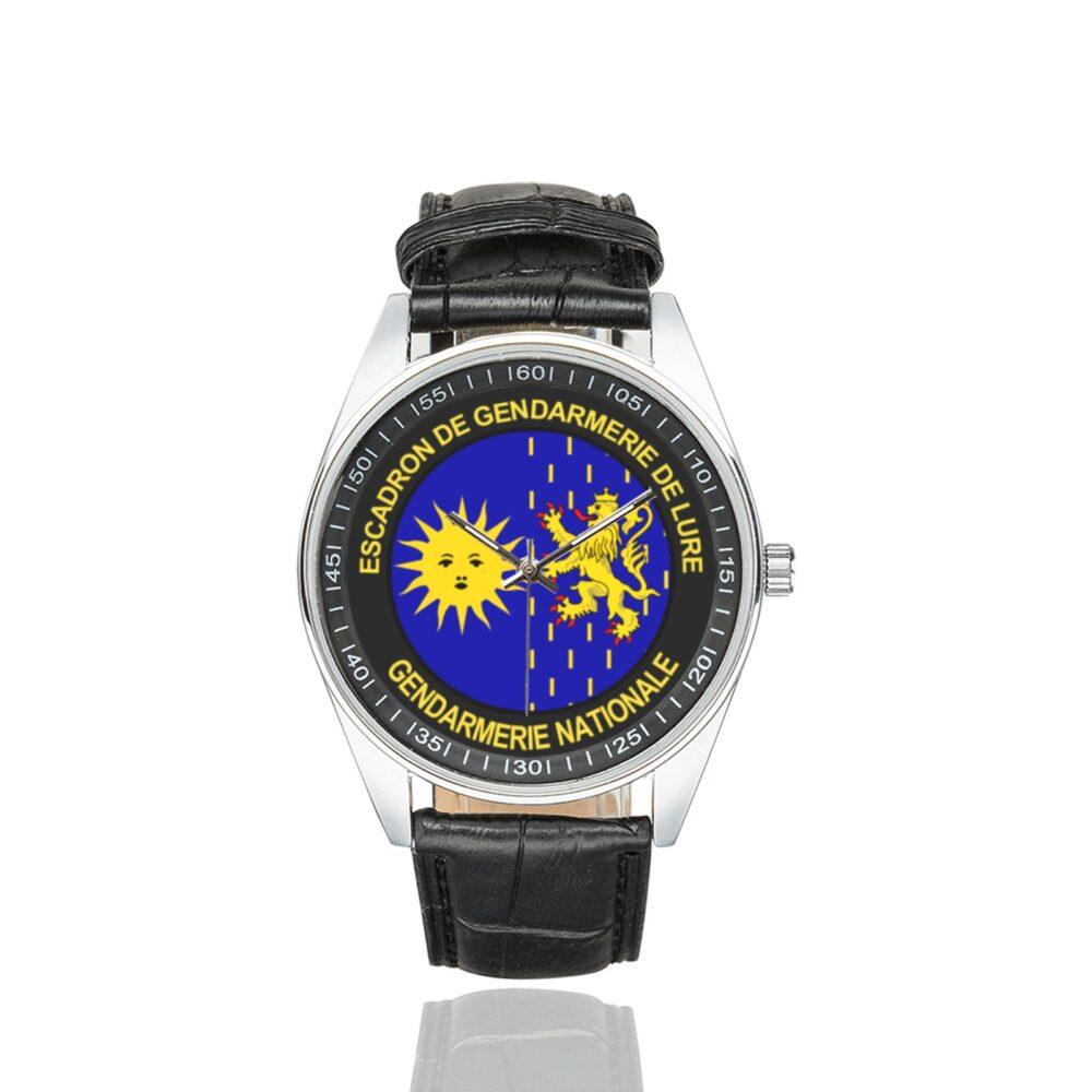 Men's casual watch with a round dial featuring the EGM 27-7 emblem, silver-tone case and black leather strap.