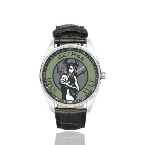 Men's casual watch with a round dial featuring the 12th Special Operations Detachment emblem, silver-tone case and black leather strap.