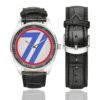 Men's casual watch with a round dial featuring the US 71st Infantry Division emblem, silver-tone case and black leather strap, shown with the strap to the side.