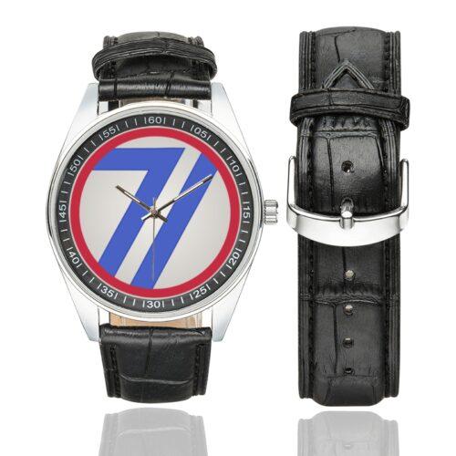 Men's casual watch with a round dial featuring the US 71st Infantry Division emblem, silver-tone case and black leather strap, shown with the strap to the side.