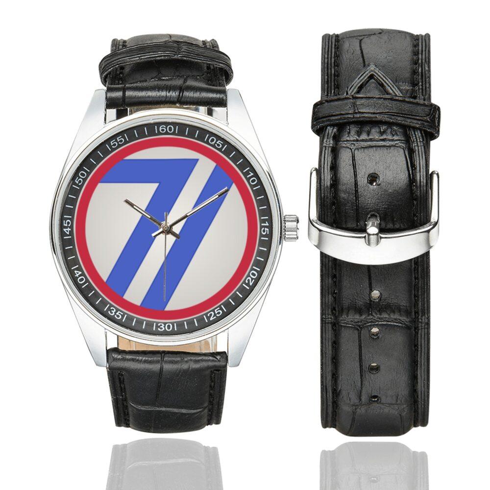 Men's casual watch with a round dial featuring the US 71st Infantry Division emblem, silver-tone case and black leather strap, shown with the strap to the side.