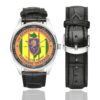 Men's casual watch with a round dial featuring the US Army 1st Aviation Brigade Vietnam Veteran emblem, silver-tone case and black leather strap, shown with the strap to the side.