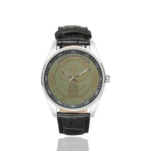 Men's casual watch with a round dial featuring the 10th Special Purpose Detachment emblem, silver-tone case and black leather strap.