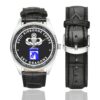 Men's casual watch with a round dial featuring the XVIII Airborne - Sky Dragons emblem, silver-tone case and black leather strap, shown with the strap to the side.