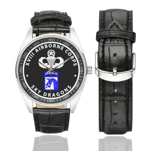 Men's casual watch with a round dial featuring the XVIII Airborne - Sky Dragons emblem, silver-tone case and black leather strap, shown with the strap to the side.