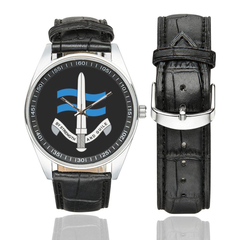 Men's casual watch with a round dial featuring the SBS Special Boat Service - British Special Forces emblem, silver-tone case and black leather strap, shown with the strap to the side.