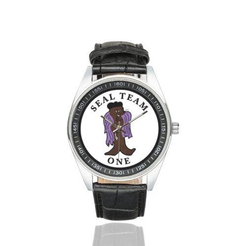 Men's casual watch with a round dial featuring the SEAL Team 1 emblem, silver-tone case and black leather strap.