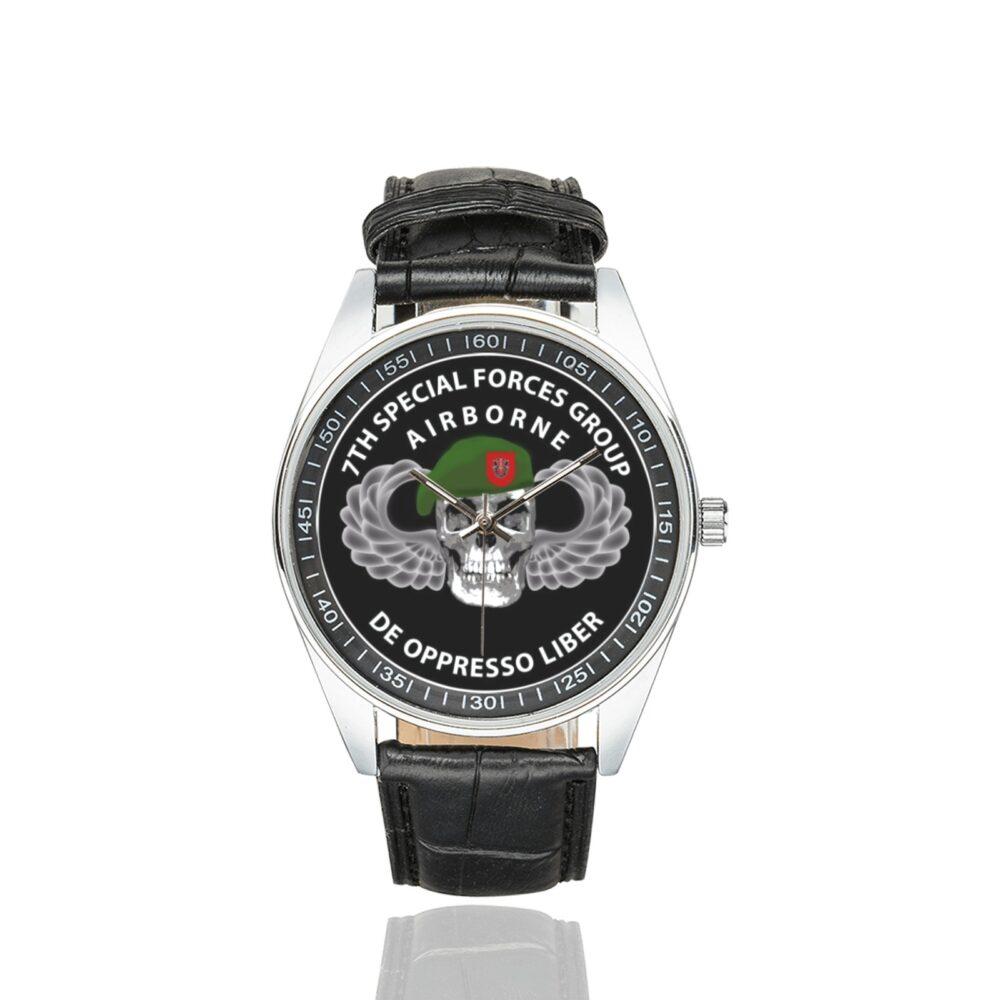 Men's casual watch with a round dial featuring the 7th-special-forces emblem, silver-tone case and black leather strap.