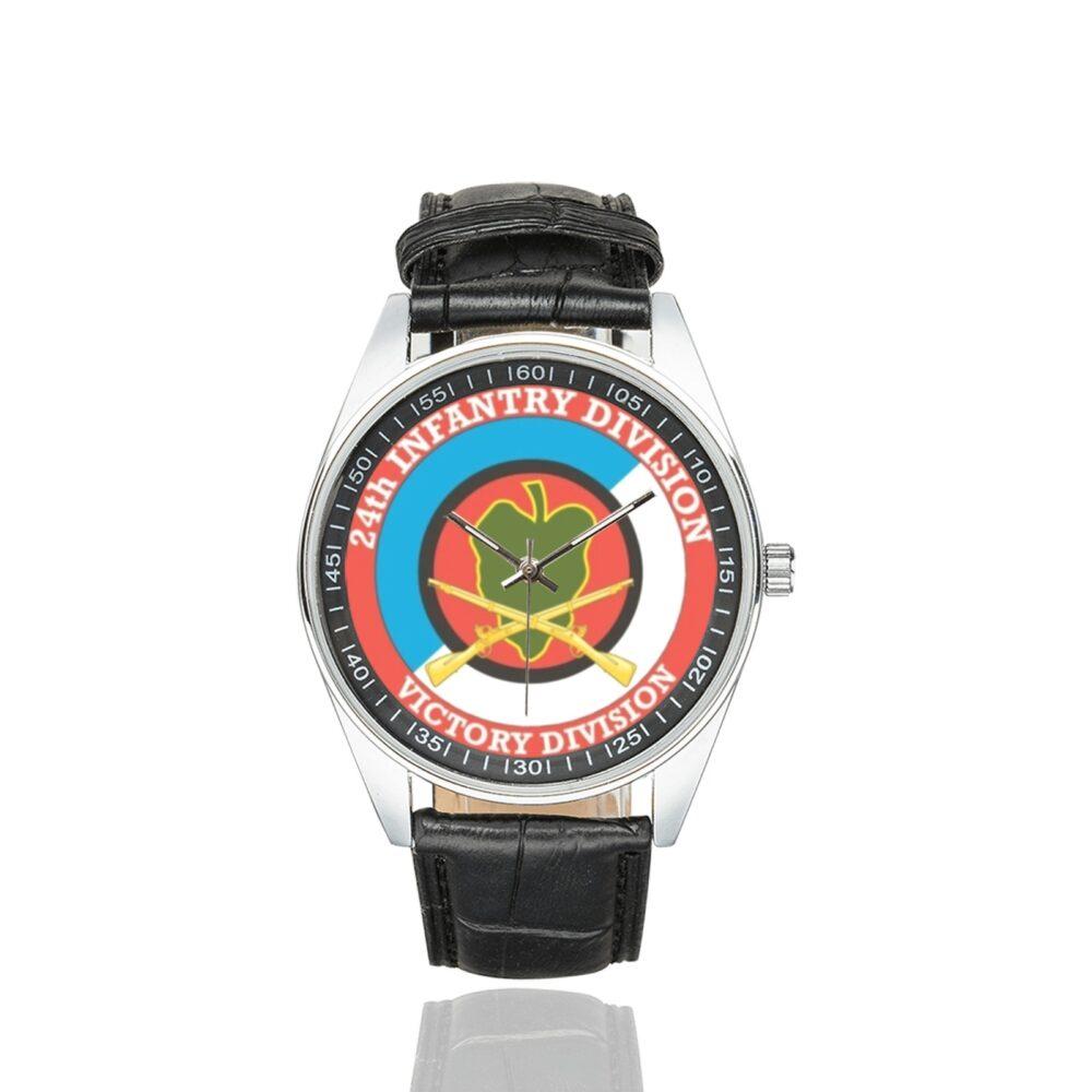 Men's casual watch with a round dial featuring the US Army 24th Infantry Division Veteran - emblem, silver-tone case and black leather strap.