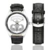 Men's casual watch with a round dial featuring the US Army Airborne Jumpmaster Wings emblem, silver-tone case and black leather strap, shown with the strap to the side.
