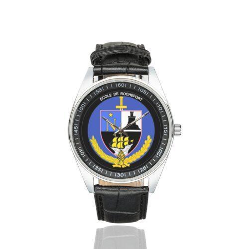 Men's casual watch with a round dial featuring the EG Rochefort emblem, silver-tone case and black leather strap.