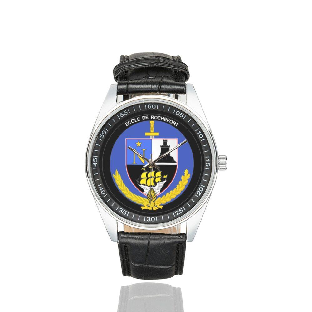 Men's casual watch with a round dial featuring the EG Rochefort emblem, silver-tone case and black leather strap.