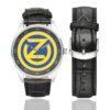 Men's casual watch with a round dial featuring the 102 INF DIV SSI emblem, silver-tone case and black leather strap, shown with the strap to the side.
