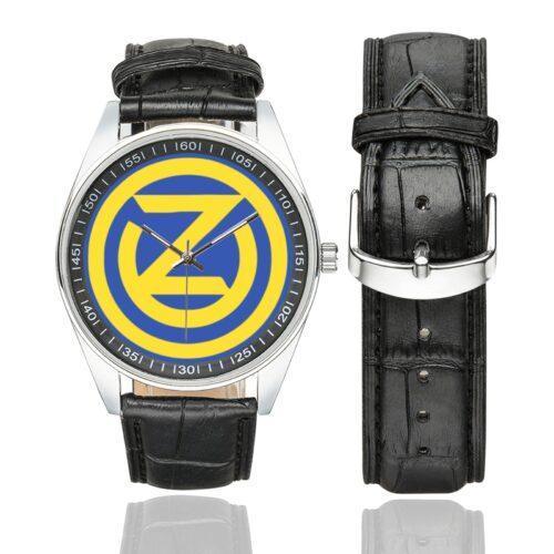 Men's casual watch with a round dial featuring the 102 INF DIV SSI emblem, silver-tone case and black leather strap, shown with the strap to the side.