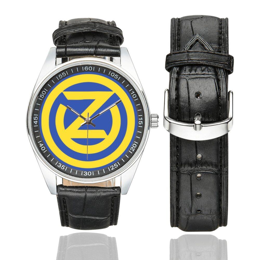 Men's casual watch with a round dial featuring the 102 INF DIV SSI emblem, silver-tone case and black leather strap, shown with the strap to the side.