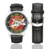 Men's casual watch with a round dial featuring the USMC F-4 Phantom emblem, silver-tone case and black leather strap, shown with the strap to the side.