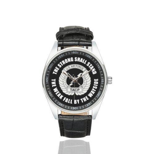 Men's casual watch with a round dial featuring the TACP emblem, silver-tone case and black leather strap.