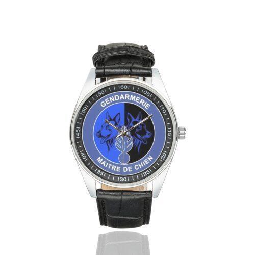 Men's casual watch with a round dial featuring the Gendarmerie maitre chien emblem, silver-tone case and black leather strap.