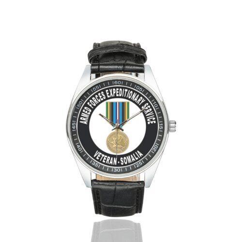 Men's casual watch with a round dial featuring the Armed Forces Expeditionary Service Somalia emblem, silver-tone case and black leather strap.