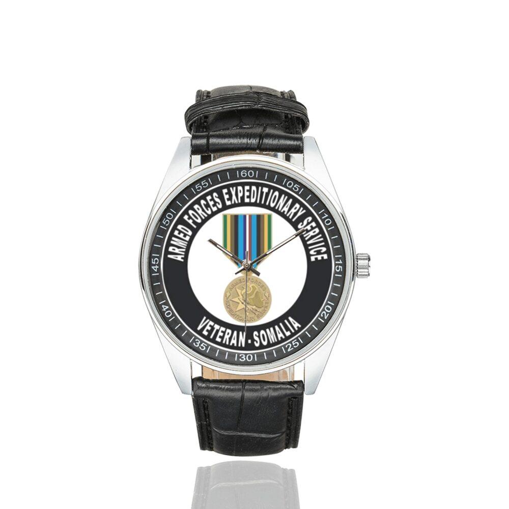 Men's casual watch with a round dial featuring the Armed Forces Expeditionary Service Somalia emblem, silver-tone case and black leather strap.
