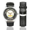 Men's casual watch with a round dial featuring the US Army Cavalry Vietnam Veteran emblem, silver-tone case and black leather strap, shown with the strap to the side.