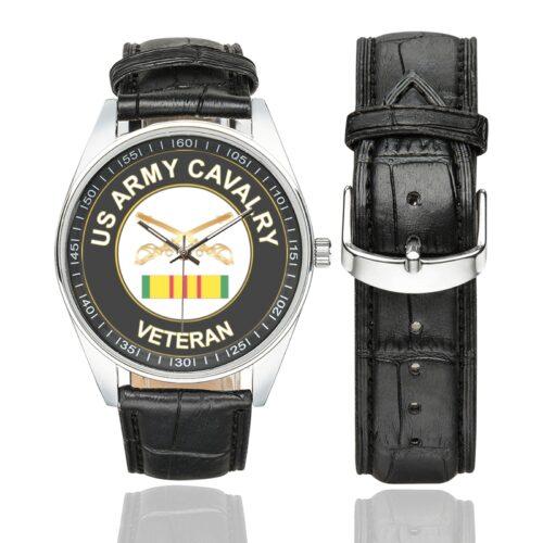 Men's casual watch with a round dial featuring the US Army Cavalry Vietnam Veteran emblem, silver-tone case and black leather strap, shown with the strap to the side.