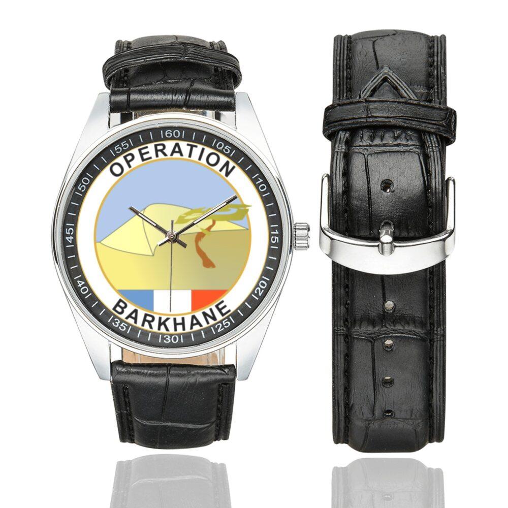 Men's casual watch with a round dial featuring the Opération Barkhane emblem, silver-tone case and black leather strap, shown with the strap to the side.