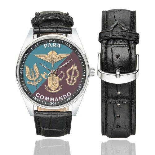 Men's casual watch with a round dial featuring the Belgian Joint Para Commando emblem, silver-tone case and black leather strap, shown with the strap to the side.