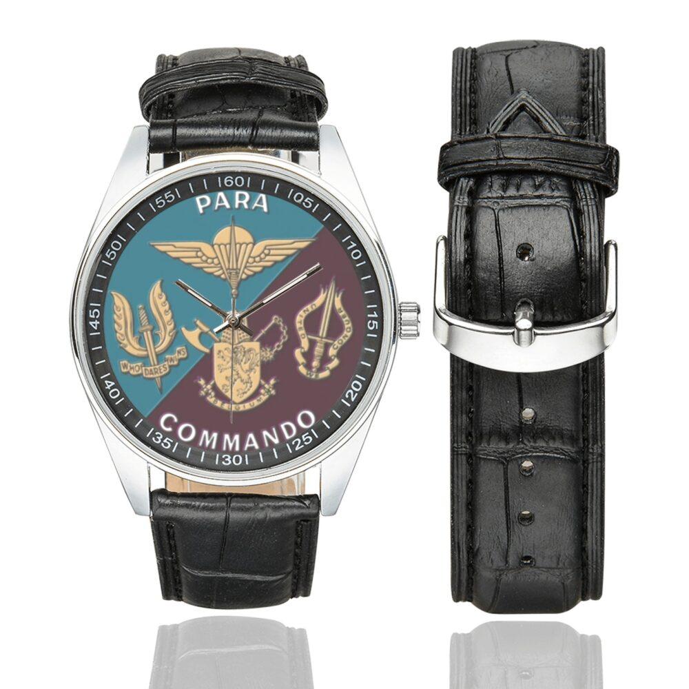 Men's casual watch with a round dial featuring the Belgian Joint Para Commando emblem, silver-tone case and black leather strap, shown with the strap to the side.