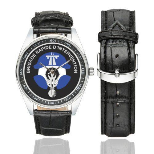 Men's casual watch with a round dial featuring the BRI emblem, silver-tone case and black leather strap, shown with the strap to the side.