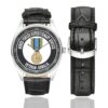 Men's casual watch with a round dial featuring the Armed Forces Expeditionary Service Somalia emblem, silver-tone case and black leather strap, shown with the strap to the side.