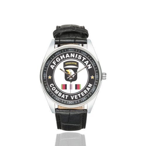 Men's casual watch with a round dial featuring the US Army 101st Airborne OEF Afghanistan Combat Veteran emblem, silver-tone case and black leather strap.