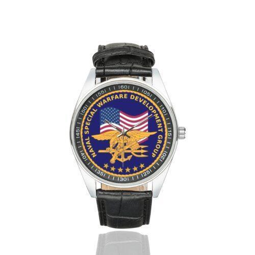 Men's casual watch with a round dial featuring the NATO KFOR Liason Monitoring emblem, silver-tone case and black leather strap.