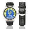 Men's casual watch with a round dial featuring the 10th Separate Engineering Company emblem, silver-tone case and black leather strap, shown with the strap to the side.