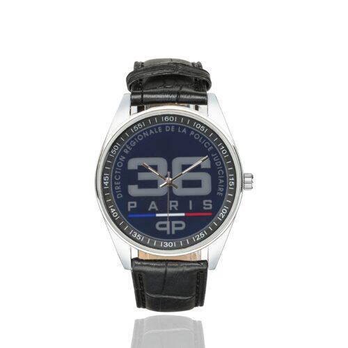 Men's casual watch with a round dial featuring the DRPJ 36 emblem, silver-tone case and black leather strap.