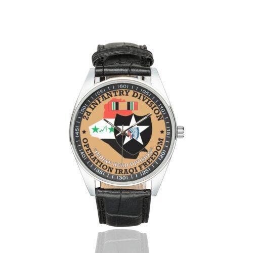 Men's casual watch with a round dial featuring the US Army 2D Infantry Division OIF emblem, silver-tone case and black leather strap.