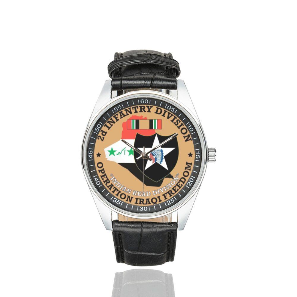 Men's casual watch with a round dial featuring the US Army 2D Infantry Division OIF emblem, silver-tone case and black leather strap.