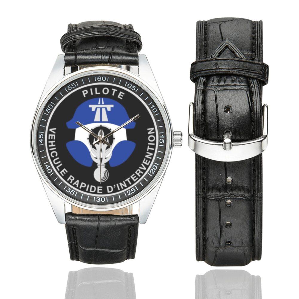 Men's casual watch with a round dial featuring the Pilote VRI emblem, silver-tone case and black leather strap, shown with the strap to the side.